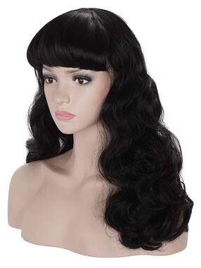 Black Long Wavy Wig with Bangs - Women Hair